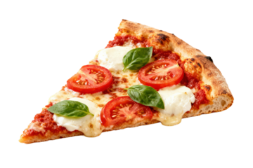 A delicious slice of margherita pizza with tomato and mozzarella