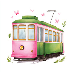 Watercolor Pink Green Tram Illustration with Butterflies