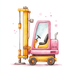 Watercolor Pink Pile Driver Construction Vehicle Illustration