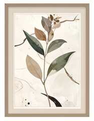 Framed botanical print featuring a delicate plant stem with green and brown leaves against a light, abstract background.