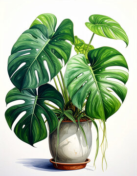 Monstera plant in the clay pot on white background 