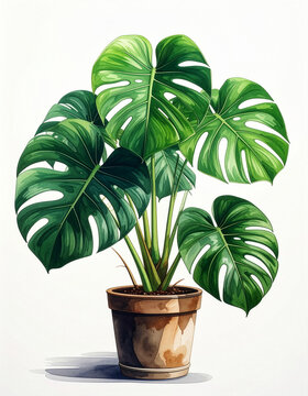 Monstera plant in the clay pot on white background 