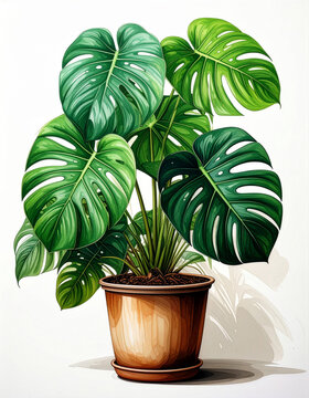 Monstera plant in the clay pot on white background 