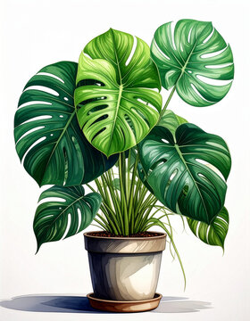 Monstera plant in the clay pot on white background 