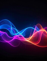 Abstract digital art featuring vibrant, glowing wavy lines in blue, purple, pink, and orange against a dark background, creating a dynamic and energetic visual.