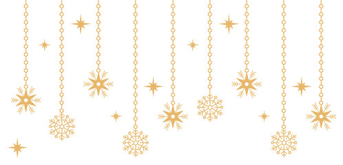 Minimal Golden Stars and Snowflakes Hanging Garland isolated