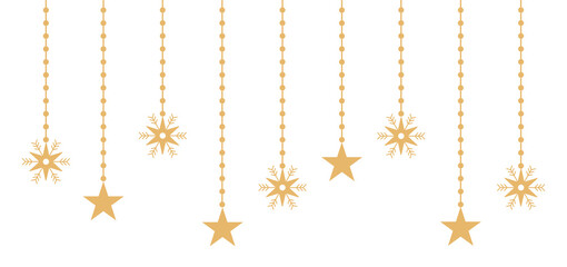 Minimal Golden Stars and Snowflakes Hanging Garland Vector
