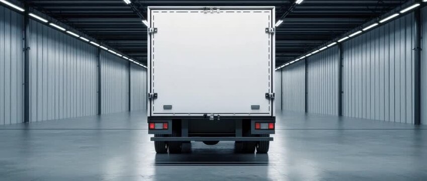 Blank White Box Truck in Modern Warehouse Rear View Logistics Delivery Concept