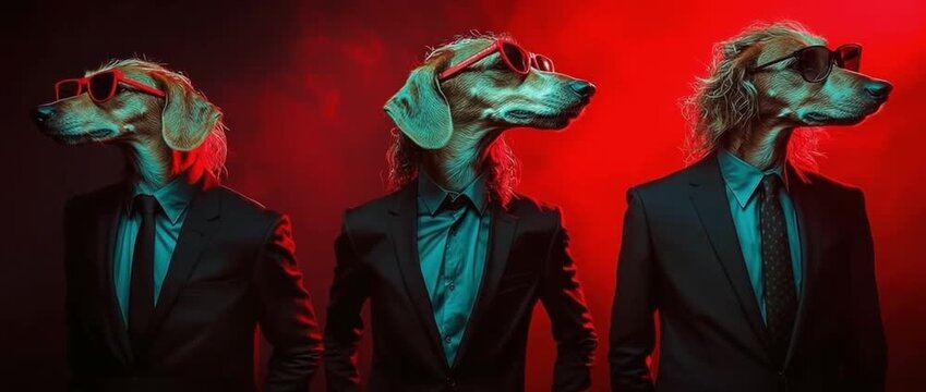 Three stylish dogs in suits and sunglasses red background fashion photoshoot