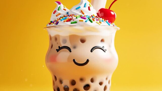 Sweet boba drink character with whipped cream, colorful sprinkles, and a cherry