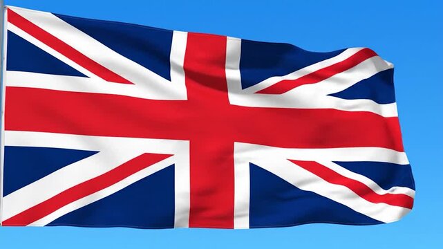 The flag of a nation, featuring prominent red, white, and blue colors, waving against a clear blue sky