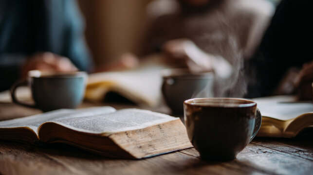 A bible with aged, textured pages, open on a wooden table alongside steaming coffee cups, creating a warm, inviting atmosphere.