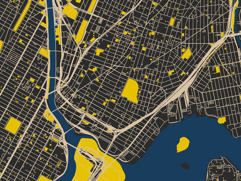 Decorative abstract map of Mott Haven, New York, featuring near-black map field with ivory road grid, bright yellow blocks and dark blue rivers and harbors