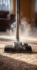 A black upright vacuum cleaner head with steam cleaning a beige carpet in a softly lit living room environment