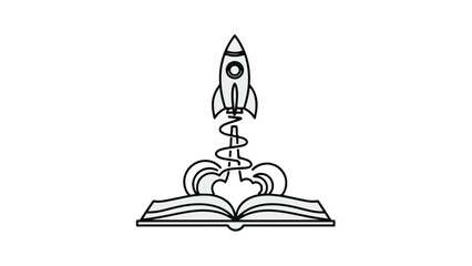 Obraz premium Rocket launching from open book, symbolizing education, innovation, and learning, with a simple line art style on a white background