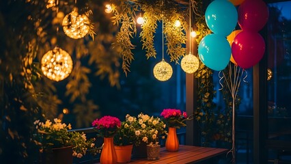 Cozy evening outdoor celebration setup with string lights, glowing orbs, colorful balloons, and potted flowers on a balcony