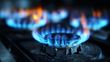 A bright blue gas flame burning on a metal stove burner with a dark kitchen background and additional flames in soft focus