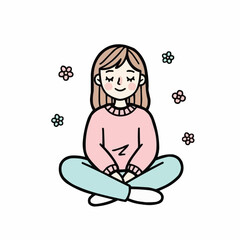 Young woman meditating peacefully surrounded by small flowers.