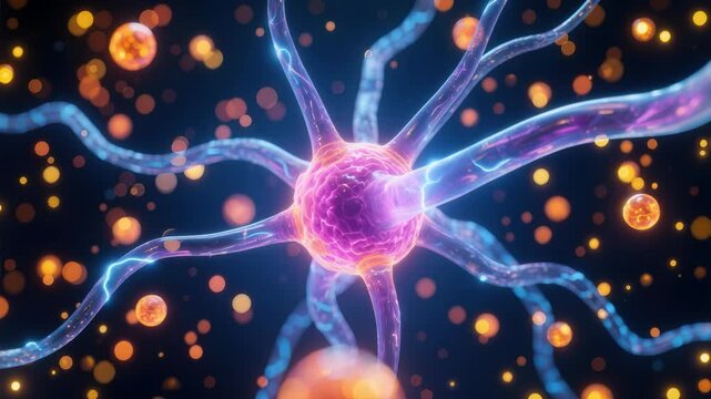 A glowing neuron synapse neural network brain cell axon dendrite bioluminescent abstract biology pulse with energy vibrant light, neural connection extend microscopic view, purple orange hue suggest