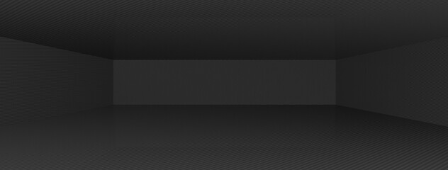 Ultra wide panoramic view of empty modern carbon fiber studio scene with uniform lighting , 8K 3D render