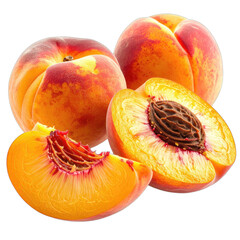 Vibrant peaches shown whole, halved, and sliced against a stark black background.