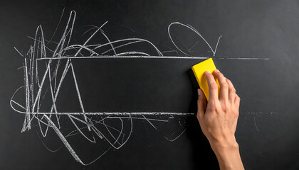 A human hand with a vibrant yellow eraser meticulously clears scribbled chalk marks from a dark blackboard, symbolizing a fresh start, new opportunities, or the beginning of a creative endeavor