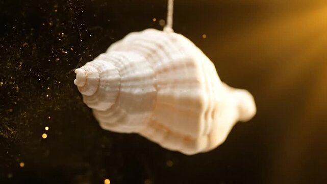 Close-up of a white seashell hanging, with golden particles sparkling on a dark background