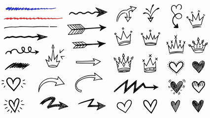 Collection of Hand Drawn Doodle Elements Arrows Hearts Crowns and Lines.
