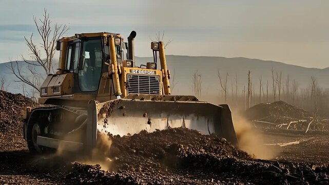 Powerful heavy duty bulldozer actively engaged in earthmoving work on a dusty construction site, showcasing robust land preparation and large-scale groundwork for infrastructure development projects