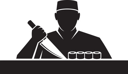 Professional japanese sushi chef holding large kitchen knife with finished maki rolls ready for serving silhouette vector