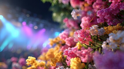 Fototapeta premium Vibrant Close-Up of Colorful Blossoms Under Soft Stage Lights in an Event Setting