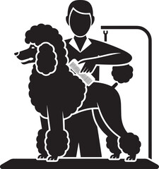 Professional pet groomer brushing large standard poodle dog on elevated table silhouette icon vector illustration graphic design