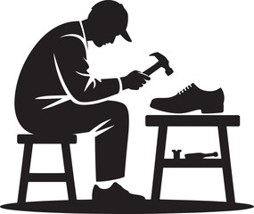 Shoemaker repairing shoe with hammer craftsman silhouette fixing footwear in workshop