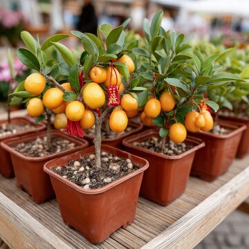 Decoraci&oacute;n para el A&ntilde;o Nuevo Lunar con plantas de mandarinas en un mercado durante el d&iacute;a