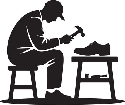 Shoemaker repairing shoe with hammer craftsman silhouette fixing footwear in workshop - Powered by Adobe