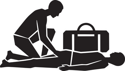 Stylized emergency first responder administering cardiopulmonary resuscitation to patient black silhouette graphic.