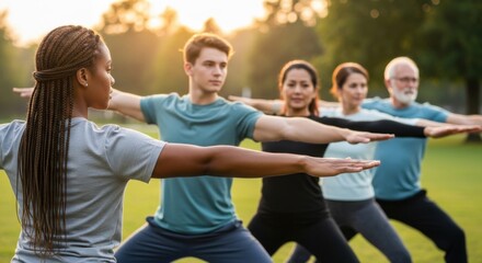 Multigenerational diverse group practicing yoga outdoors in park at sunset. Young and senior people standing in warrior pose together. Active healthy lifestyle for all ages concept.