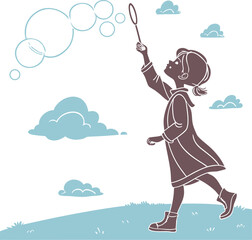 Child illustration of a girl on a swing flying high in the summer sky with fun clouds