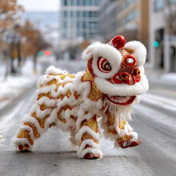 Celebraci&oacute;n del A&ntilde;o Nuevo Lunar con danza de le&oacute;n en la calle nevada en la tarde