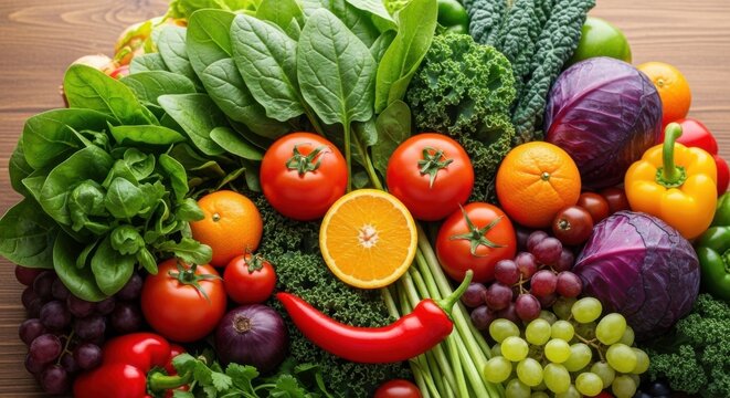 A vibrant, colorful overhead shot of a large, fresh assortment of organic fruits and vegetables, perfect for representing healthy eating, diet, nutrition, and vegetarian lifestyle.