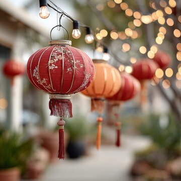 Decoraci&oacute;n para el A&ntilde;o Nuevo Lunar con farolillos en un evento festivo al aire libre