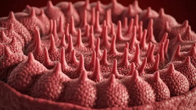 Microscopic view of red textured bumps and pointed projections