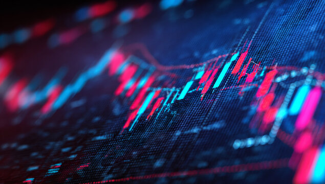 A dynamic digital stock market trading chart with vibrant blue and red candlestick patterns on a textured dark background