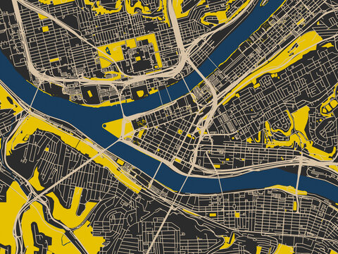 Abstract city map of Pittsburgh Center, Pennsylvania with charcoal base with cream streets