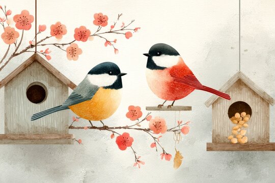 Ilustraci&oacute;n de una pareja de p&aacute;jaros en una rama cerca de casas para aves y flores