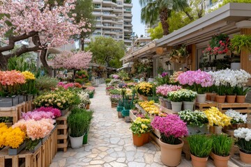 Naklejka premium Mercado de flores durante el Año Nuevo Lunar en un día soleado con flores en varios colores