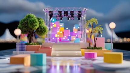Colorful outdoor stage with vibrant lighting, modern design, trees, and decorative elements for a festive atmosphere