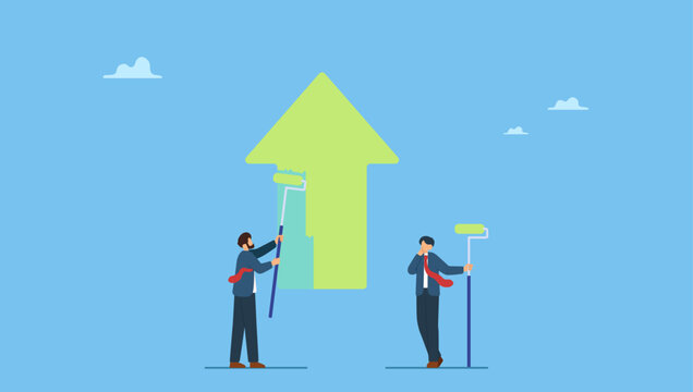 Businessman partner help painting growth green arrow graph. Business profit growth, improvement or career development, investment earning rising up or partnership to help grow business.