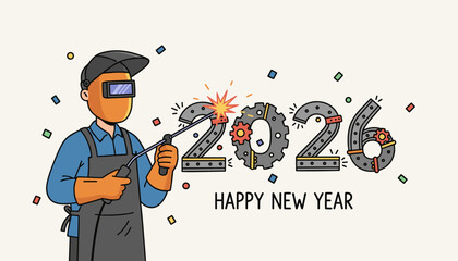 Welder fabricating the industrial 2026 date with gears and sparks Happy New Year manufacturing concept