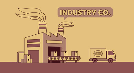 Naklejka premium Illustrated factory production and logistics with conveyor belt packaging and waiting delivery truck